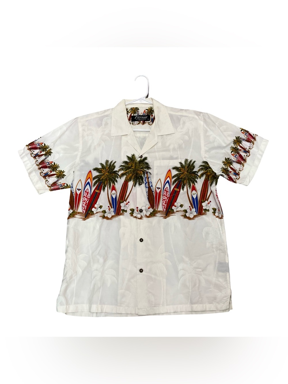 Favant Hawaiian Button-Up Mens Size Large Tropical Surfboards Palm Trees Cotton